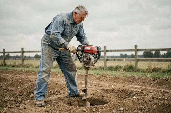 Homme utilisant une tarière thermique pour forer un trou dans un sol compacté en milieu rural