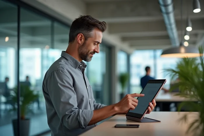 Homme utilisant une tablette pour valider une signature électronique dans un espace de coworking moderne