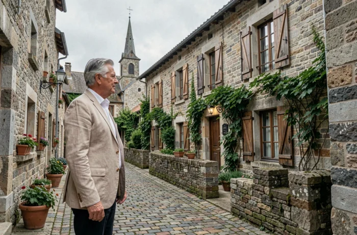 Homme d'âge mûr debout devant une maison familiale en pierre dans un village français, illustrant l'attachement aux racines provinciales et à l'héritage familial