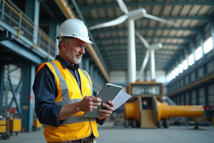 Ingénieur examinant des plans dans une usine d'énergie renouvelable représentant les grandes transformations industrielles prévues pour 2028