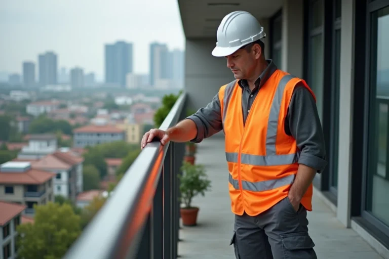 Inspecteur professionnel en gilet orange examinant une garde-corps en acier inoxydable sur un balcon urbain, conformément aux normes réglementaires 2025