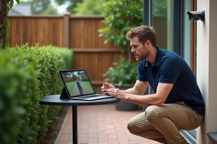Homme installant une caméra de surveillance extérieure dans le jardin d'une maison résidentielle