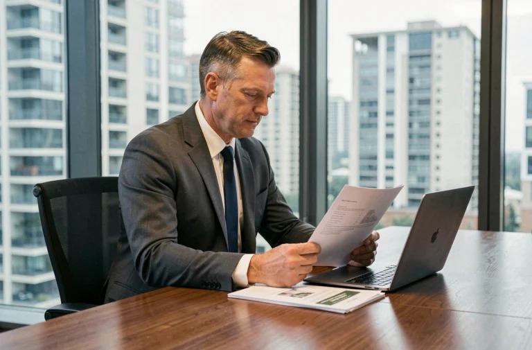 Investisseur immobilier en costume gris analysant des documents de propriété dans un bureau moderne avec vue sur des immeubles résidentiels urbains