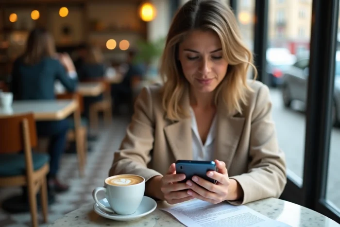 Jeune femme finalisant une signature électronique sur smartphone dans un café parisien