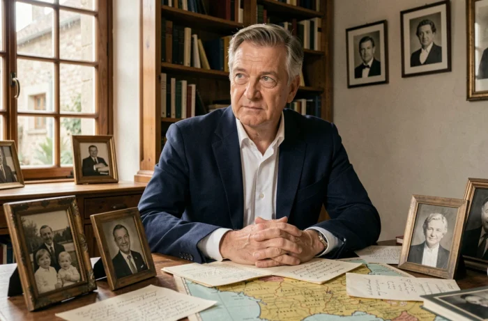 Portrait d'un journaliste politique français pensif dans son bureau, entouré de photos de famille et de documents historiques évoquant ses racines provinciales