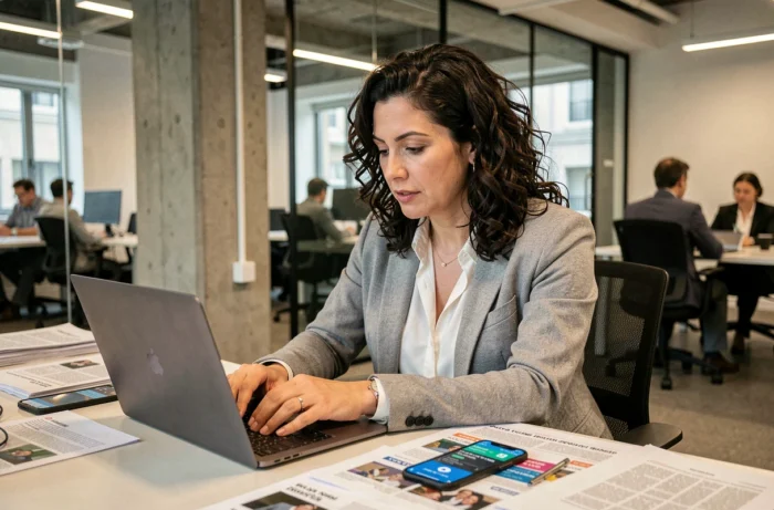Journaliste dans une salle de rédaction moderne consultant les actualités en temps réel sur son ordinateur portable