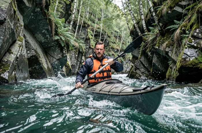 Kayakiste en plein effort dans les rapides d'un canyon fluvial lors d'une activité outdoor nature en eau vive