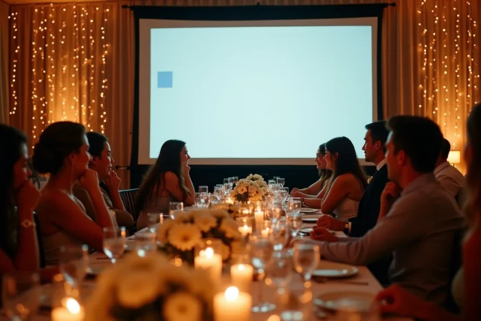 Invités émus regardant une lettre vidéo surprise projetée sur grand écran lors d'une réception de mariage