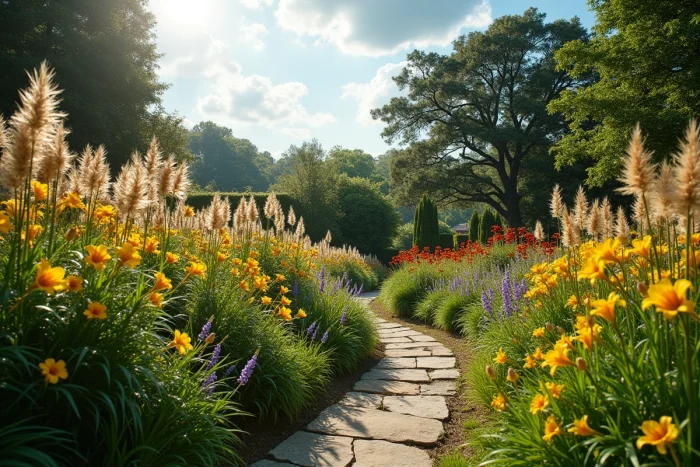 Massif courbe de jardin champêtre avec lys tigres jaunes, graminées ornementales, échinacées violettes et crocosmia rouge contre un mur en pierre
