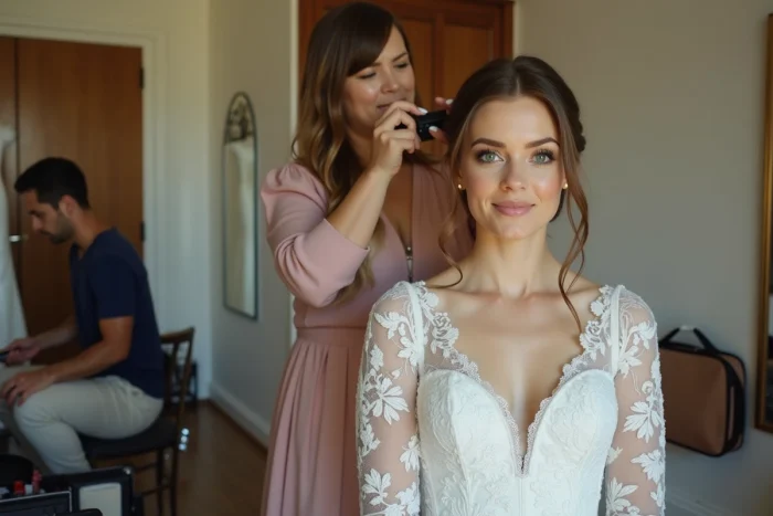 Vidéaste filmant en mode documentaire les préparatifs de la mariée dans une suite nuptiale décorée