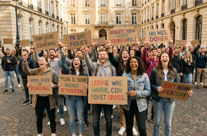 Rassemblement de jeunes adultes dans une place publique française tenant des pancartes humoristiques lors d'une manifestation politique satirique