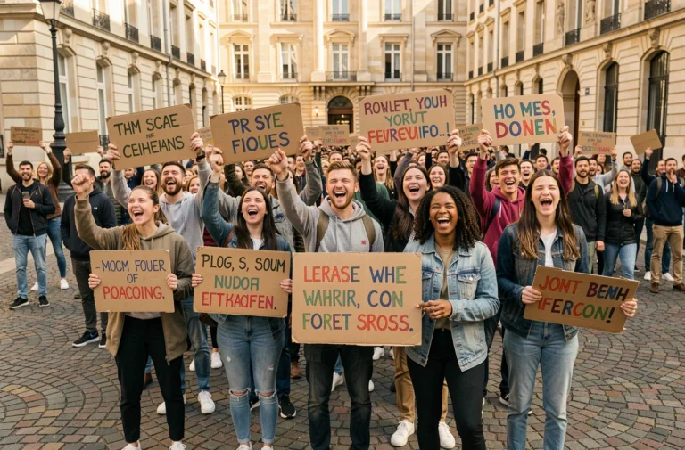 Rassemblement de jeunes adultes dans une place publique française tenant des pancartes humoristiques lors d'une manifestation politique satirique