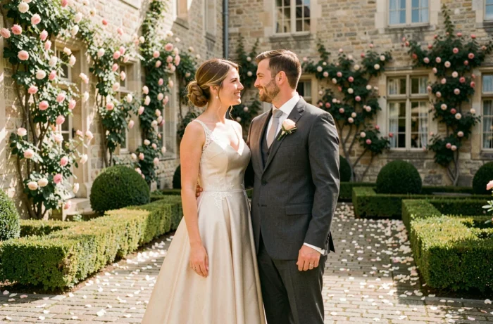 Mariés souriants dans un jardin de château français entouré de roses, robe de mariée en satin ivoire et costume charbon élégant