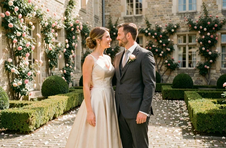Mariés souriants dans un jardin de château français entouré de roses, robe de mariée en satin ivoire et costume charbon élégant