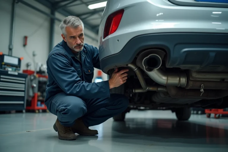 Mécanicien inspectant un pot d'échappement endommagé sous une voiture dans un garage professionnel