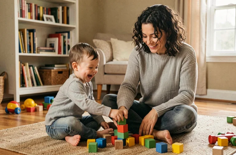 Mère et enfant en bas âge jouant ensemble sur le sol du salon avec des cubes colorés, ambiance chaleureuse et naturelle