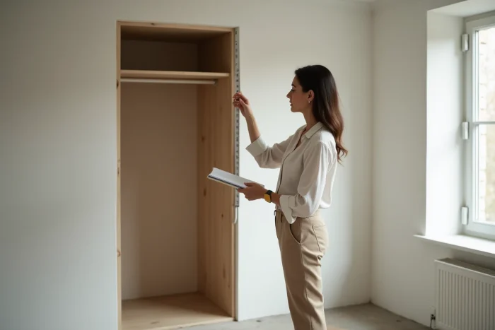 Designer d'intérieur mesurant les dimensions d'un espace dressing vide dans une chambre moderne pour planifier un aménagement optimisé