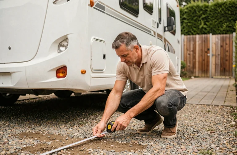 Homme mesurant l'espace au sol à côté d'un camping-car garé sur une allée gravillonnée pour déterminer la taille idéale du terrain de stationnement