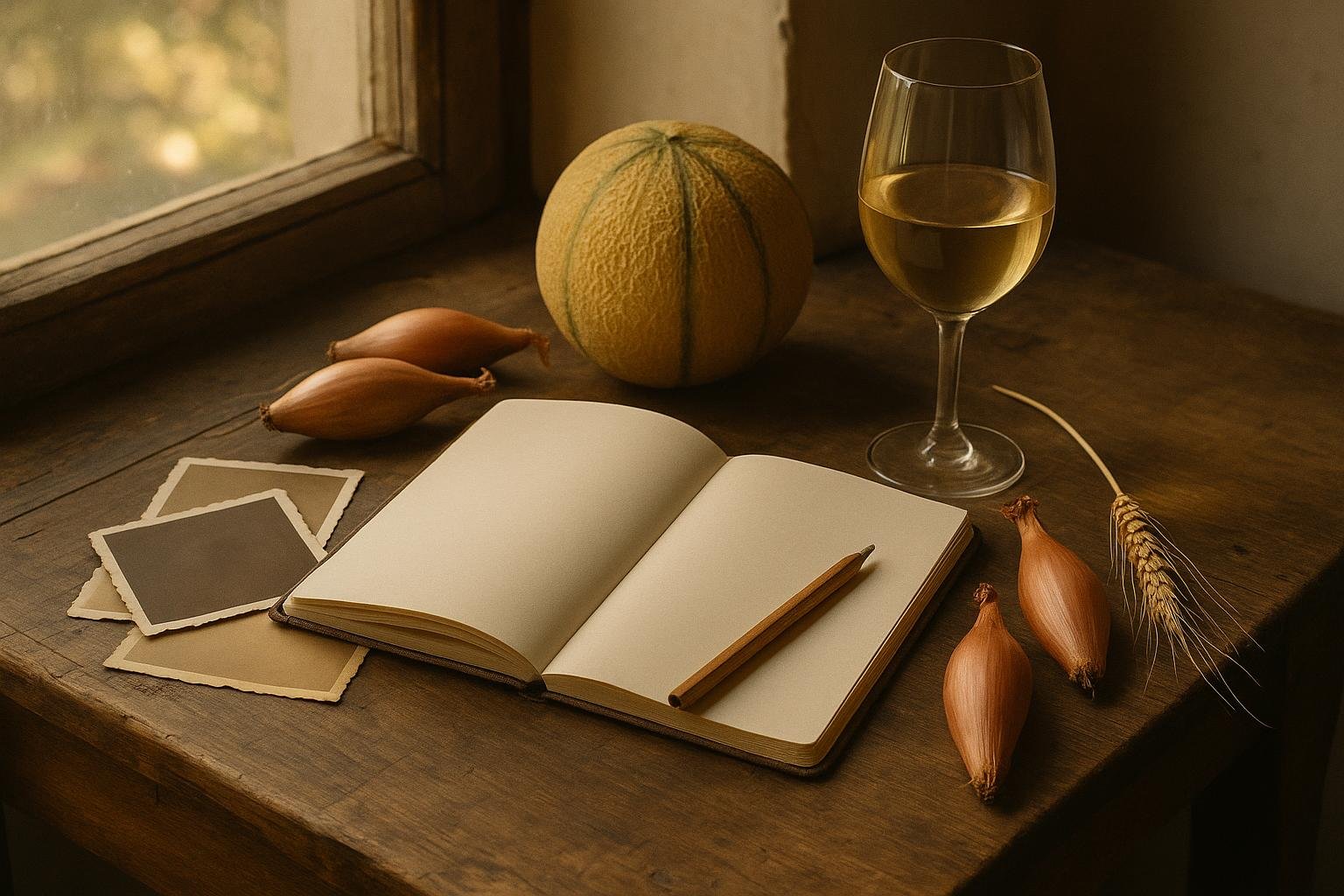 Carnet ouvert et crayon, anciennes photographies, melon, échalions, verre de vin blanc et épi de blé sur une table en bois