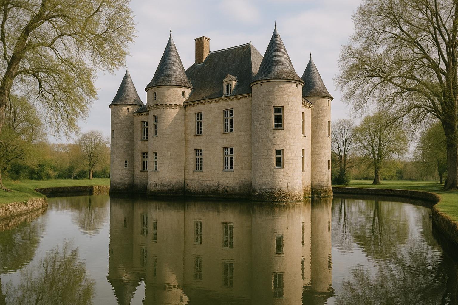 Logis Renaissance en pierre claire à tours d’angle, entouré de douves en eau, dans la campagne poitevine