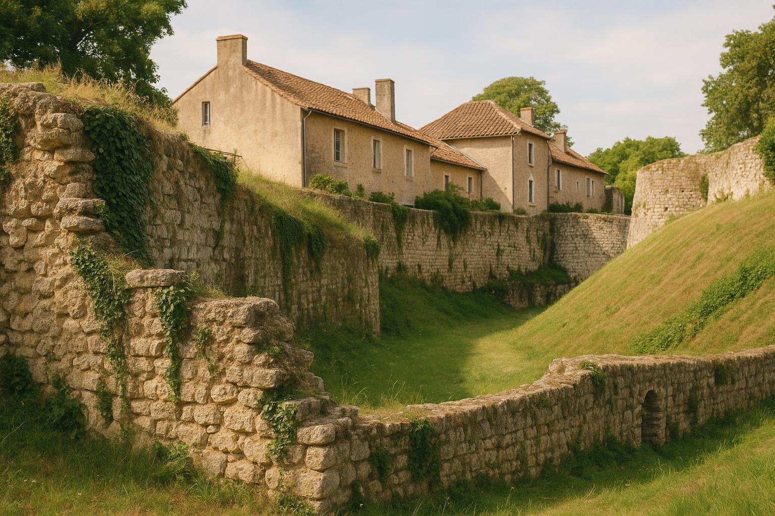 Vestiges d’un rempart médiéval en pierre calcaire envahi par le lierre, au pied d’une motte herbeuse et de son fossé