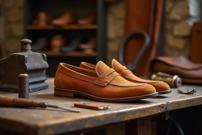 Mocassins en daim cognac posés sur un établi d'artisan bottier entouré d'outils traditionnels de cordonnerie de luxe