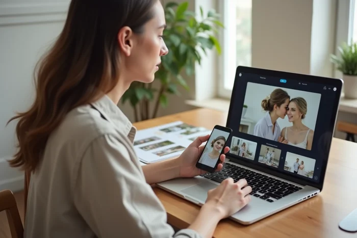 Éditrice montant de courtes capsules vidéo de mariage pour les réseaux sociaux sur laptop et smartphone côte à côte