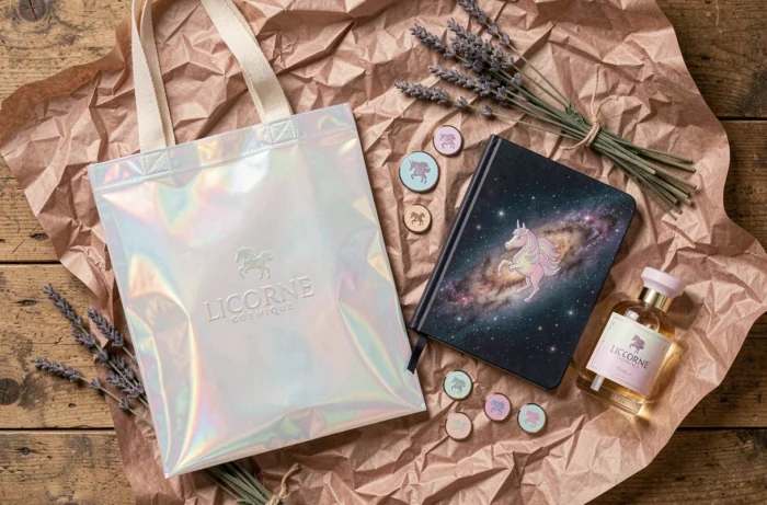 Flat-lay de nouveautés Licorne Cosmique incluant tote bag holographique, carnet galaxie et pins émaillés sur papier de soie or rose