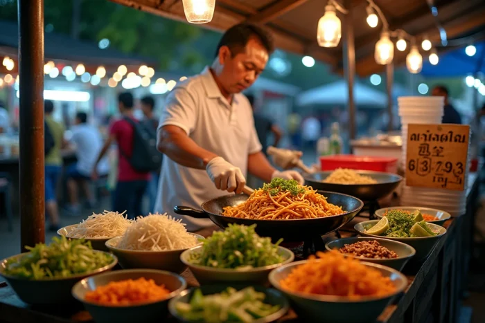 Vendeur de rue thaïlandais préparant un pad thaï frais au wok dans un marché nocturne animé en Asie du Sud-Est