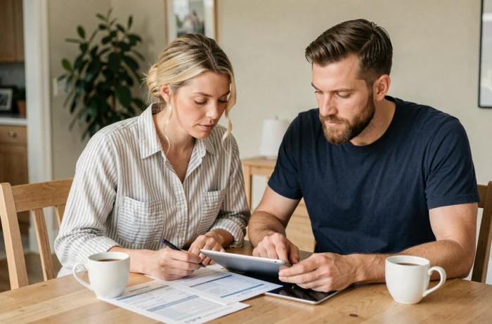 Couple de parents planifiant l'organisation familiale autour d'une table avec une tablette et des documents, atmosphère sereine et organisée
