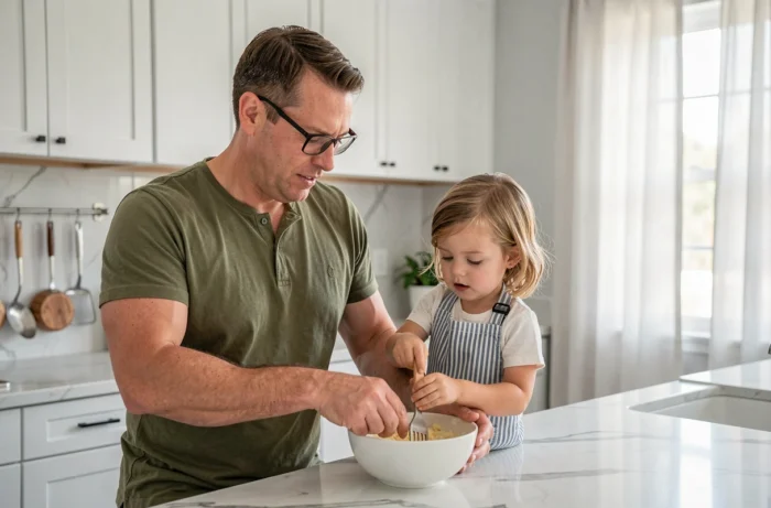 Père et fille préparant une recette ensemble dans une cuisine moderne, moment de complicité parentale au quotidien