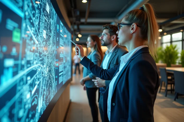 Professionnels réunis autour d'un écran interactif analysant des tendances mondiales pour 2028 dans un bureau moderne