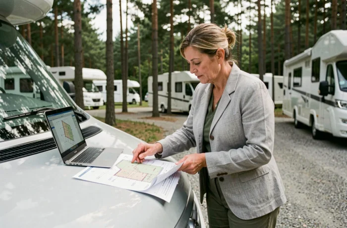 Femme consultant un plan de terrain pour évaluer les dimensions nécessaires au stationnement confortable d'un camping-car dans un camping forestier