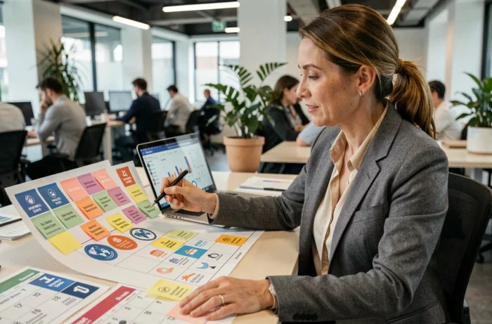 Femme professionnelle planifiant des journées mondiales dans un bureau moderne avec calendriers et notes colorées