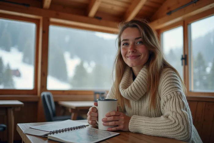 Femme planifiant ses vacances d'hiver en Autriche dans un chalet de montagne avec une carte et un carnet de voyage
