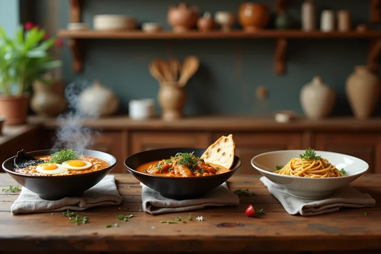 Plateau de plats du monde avec ramen japonais, butter chicken indien et pasta carbonara italienne sur table en bois rustique
