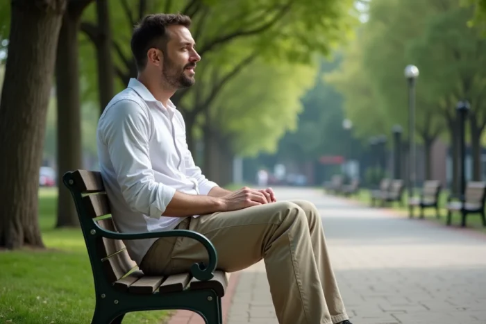 Homme d'une taille exceptionnelle assis sur un banc de parc, illustrant ses proportions corporelles hors normes