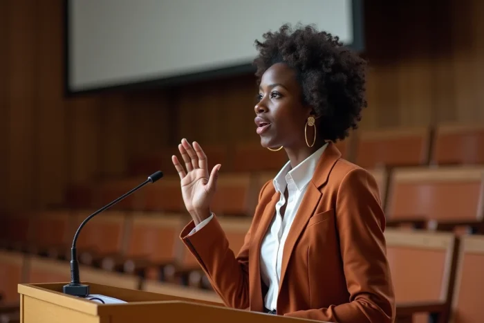 Jeune femme prenant la parole dans un amphithéâtre universitaire lors d'un débat public