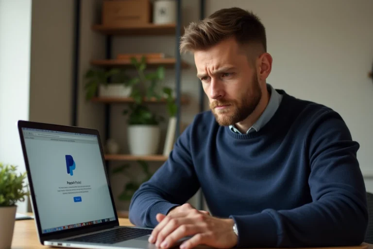 Homme frustré devant un message d'erreur PayPal sur son ordinateur portable dans un bureau à domicile