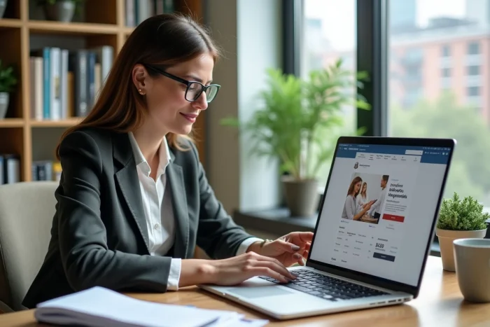 Professionnelle consultant les nouveaux tarifs pros sur une plateforme d'annonces en ligne depuis son bureau à domicile
