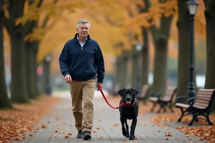 Homme promenant son labrador noir en laisse dans un parc urbain en automne, promenade quotidienne du chien