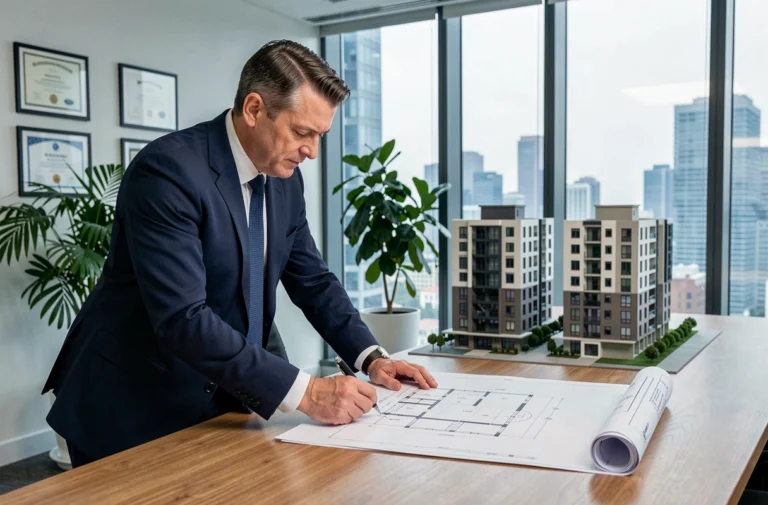 Promoteur immobilier local examinant des plans architecturaux dans un bureau moderne avec vue sur la ville