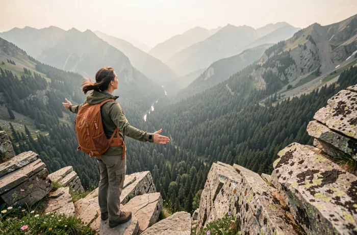 Randonneuse au sommet d'une crête rocheuse admirant un panorama de forêts alpines lors d'une aventure nature en montagne