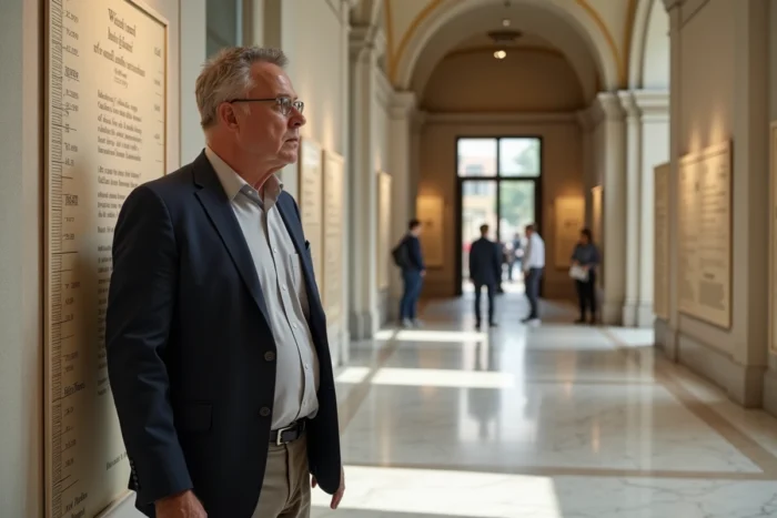 Homme de très grande taille posant devant une charte de mesure dans un musée des records du monde