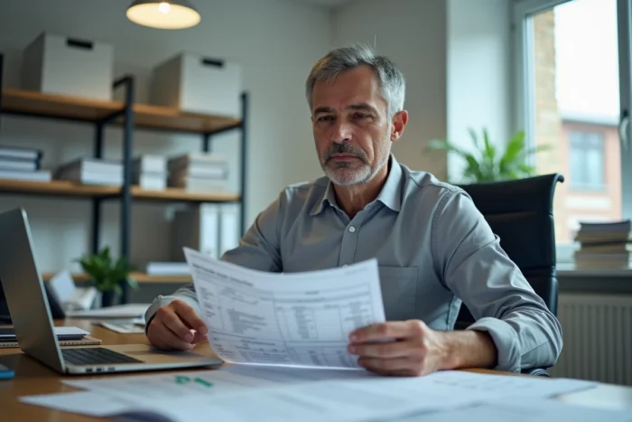 Responsable logistique analysant les grilles de salaires des chauffeurs routiers dans un bureau de transport