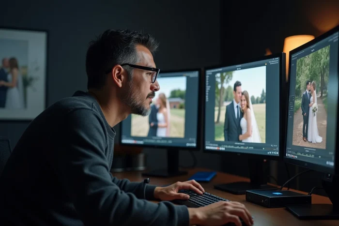 Monteur vidéo intégrant des archives familiales numérisées en noir et blanc dans un film de mariage moderne sur double écran