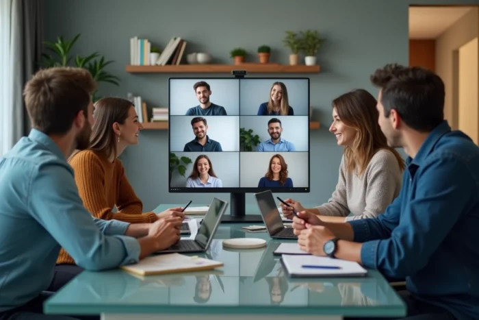 Réunion d'équipe en mode hybride avec appel vidéo collaboratif sur grand écran dans un bureau moderne