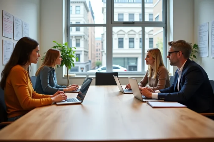 Réunion de membres d'une association autour d'une table de travail avec documents et ordinateurs portables