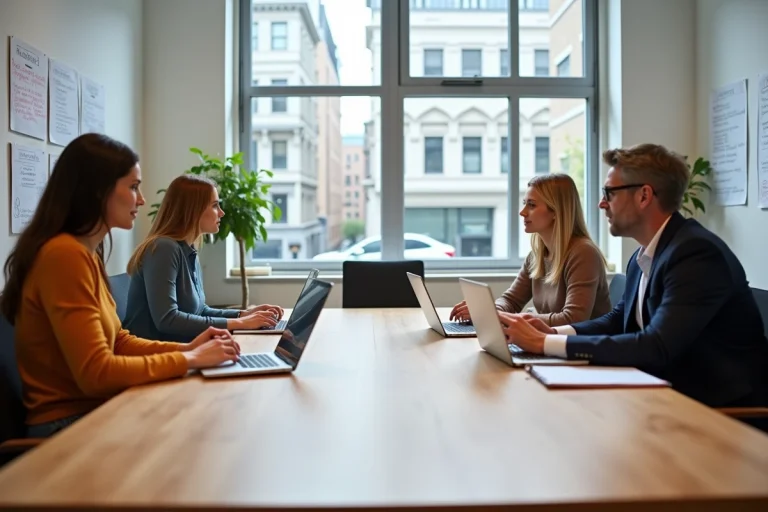 Réunion de membres d'une association autour d'une table de travail avec documents et ordinateurs portables