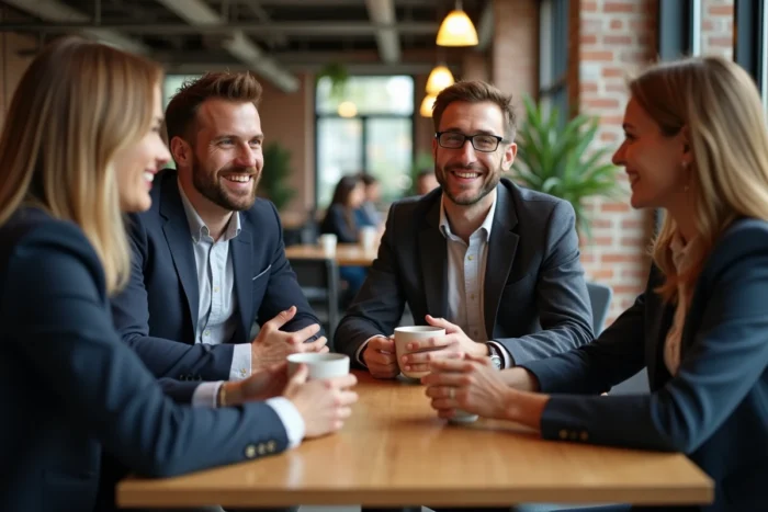 Groupe de professionnels en réunion informelle de networking autour d'un café dans un espace de coworking moderne